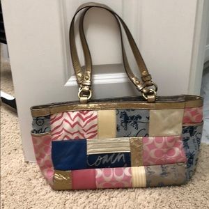 COACH handbag tote gold tan pink blue